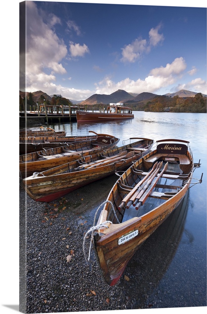 Wooden Rowing Boats on Derwent Water, Keswick, Lake District, Cumbria, England. Autumn