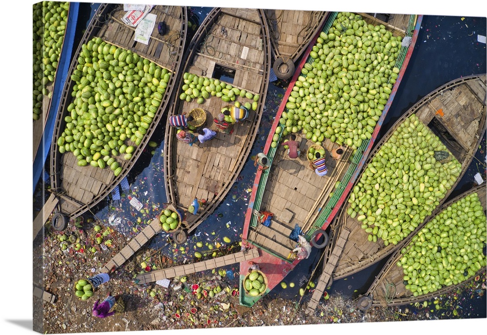 Workers unload watermelons from the boats using big baskets, Sadarghat, Dhaka, Bangladesh. Dhaka, Asia, Dhaka, Bangladesh.
