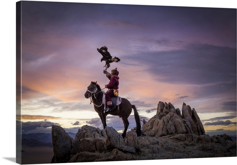 Young Kazakh Eagle Hunter on horseback with his Golden Eagle, at sunset, Altai Mountains, Western Mongolia, Asia