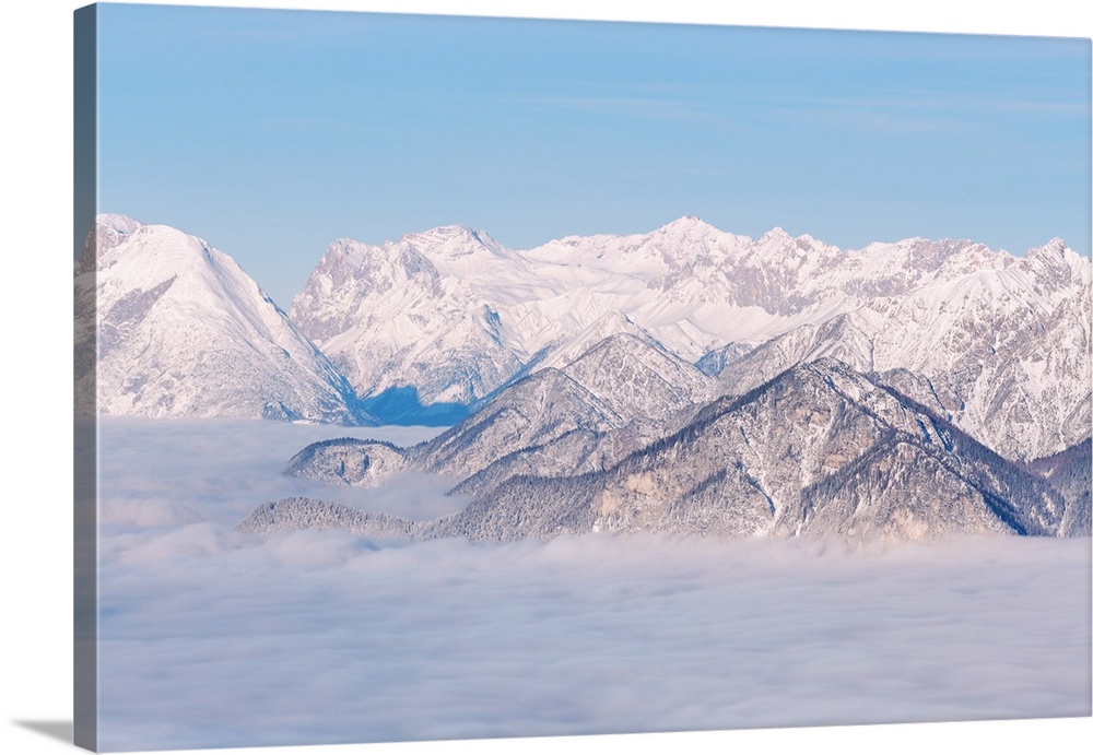 The view over Zugspitze mountain on a foggy morning in the Inn valley, Patscherkofel mountain, Innsbruck Land, Tyrol, Aust...