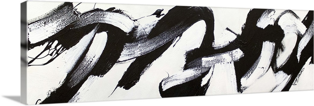 Contemporary abstract painting of bold black strokes of paint in fluid movements against a white background.