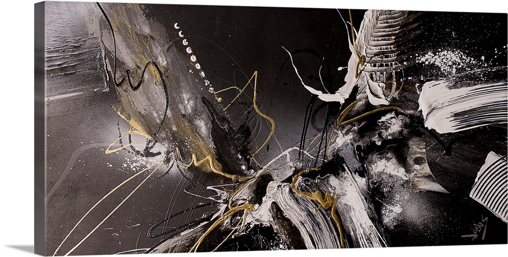 Contemporary abstract painting using neutral black and gray colors with hints and splashes of gold.
