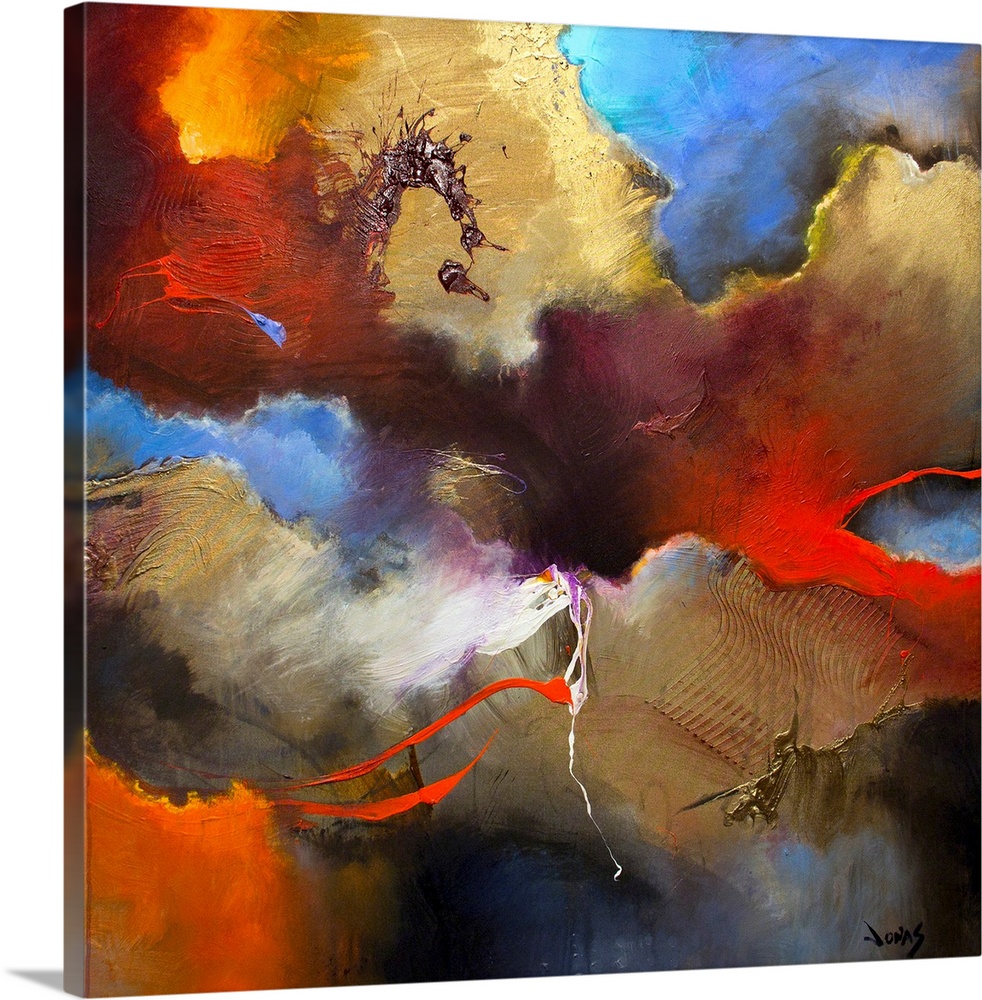Abstract artwork that uses various colors in cloud shapes across this square print.
