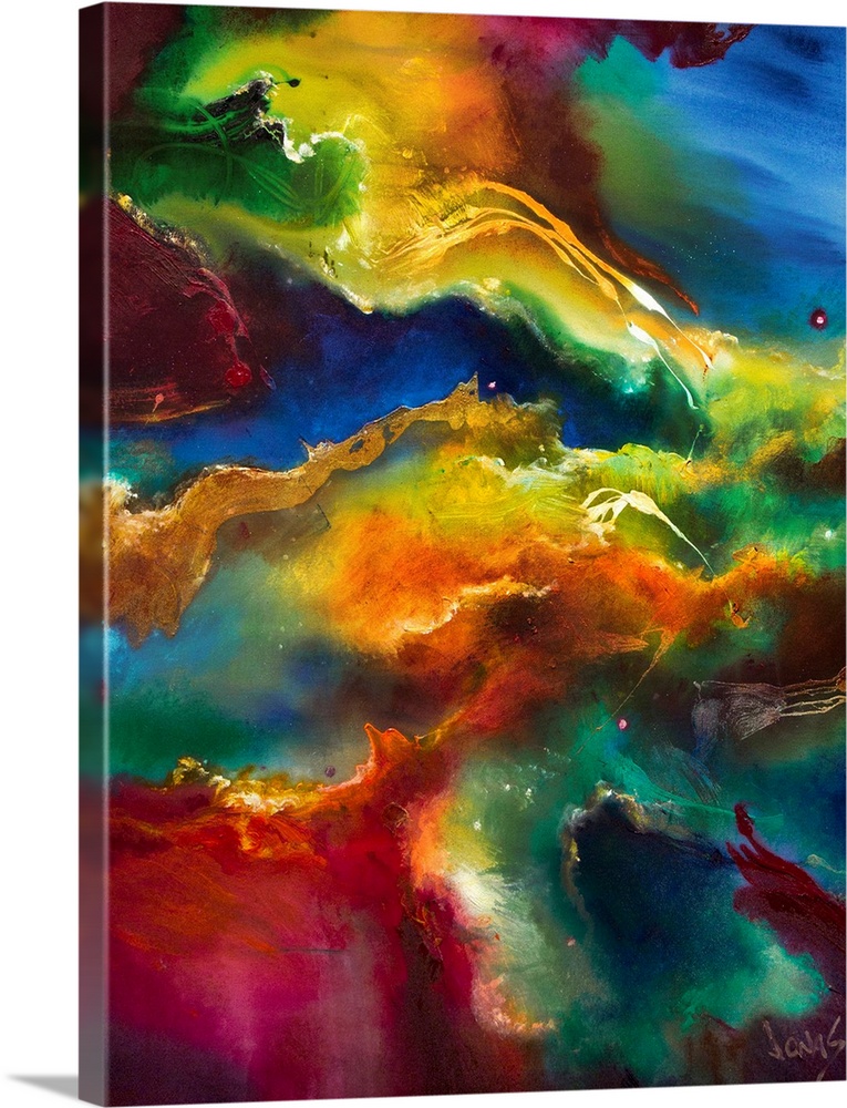 This abstract painting is an intense swirling blend of a vivid rainbow of colors. The artwork is vertical orientation and ...