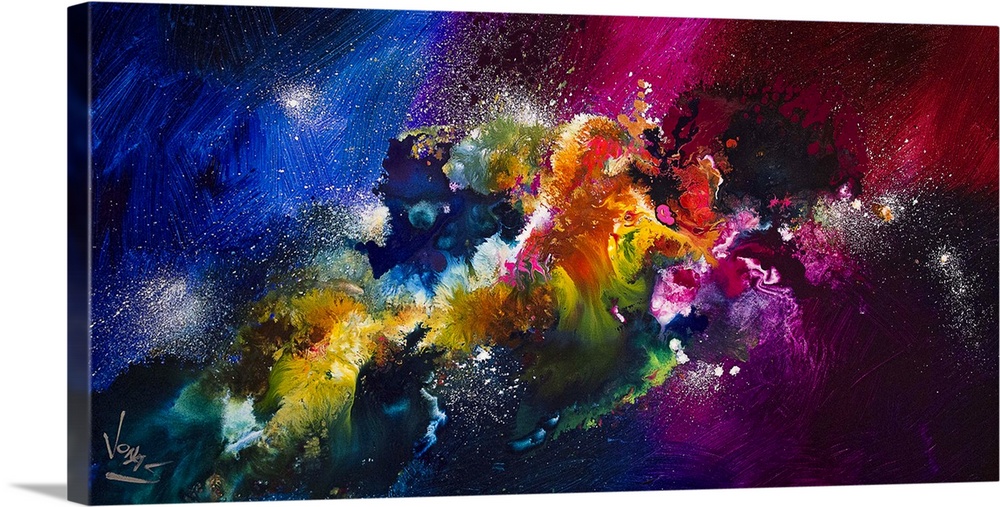 Contemporary abstract painting using a spectrum of color and spattered paint resembling a cosmic nebula.
