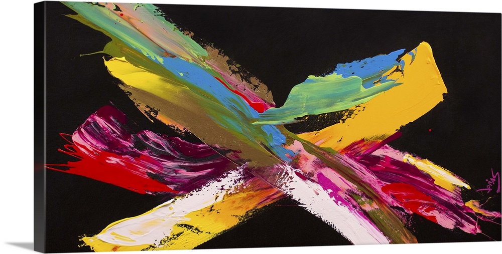 A contemporary abstract painting using wide aggressive strokes of colorful paint against a black background.
