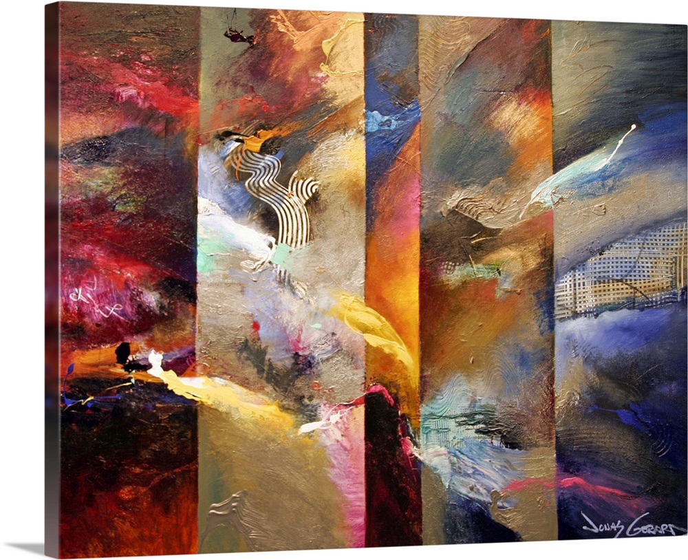 Abstract art piece of several distinct panels with different colors and brushstrokes on them to create whimsical art.