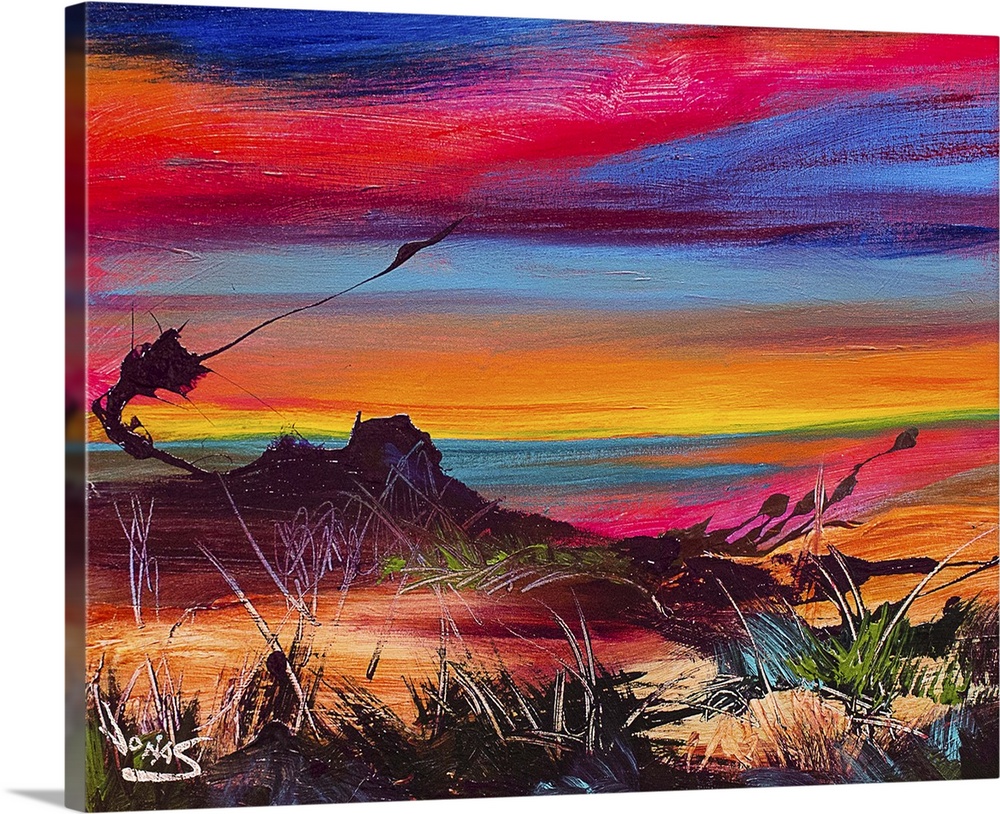 Contemporary painting using a wide range of color of a desert landscape under sunset sky.