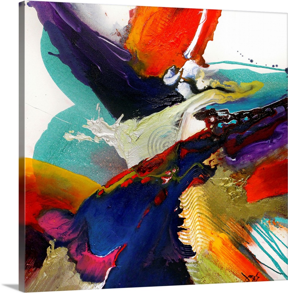 This highly energetic square wall art was created by layering splattered paint to create this contemporary abstract painting.