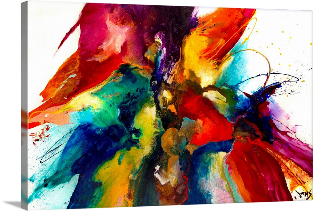 Intense explosion of abstract paint splatters and bleeding colors. This contemporary art work has a strong centered compos...