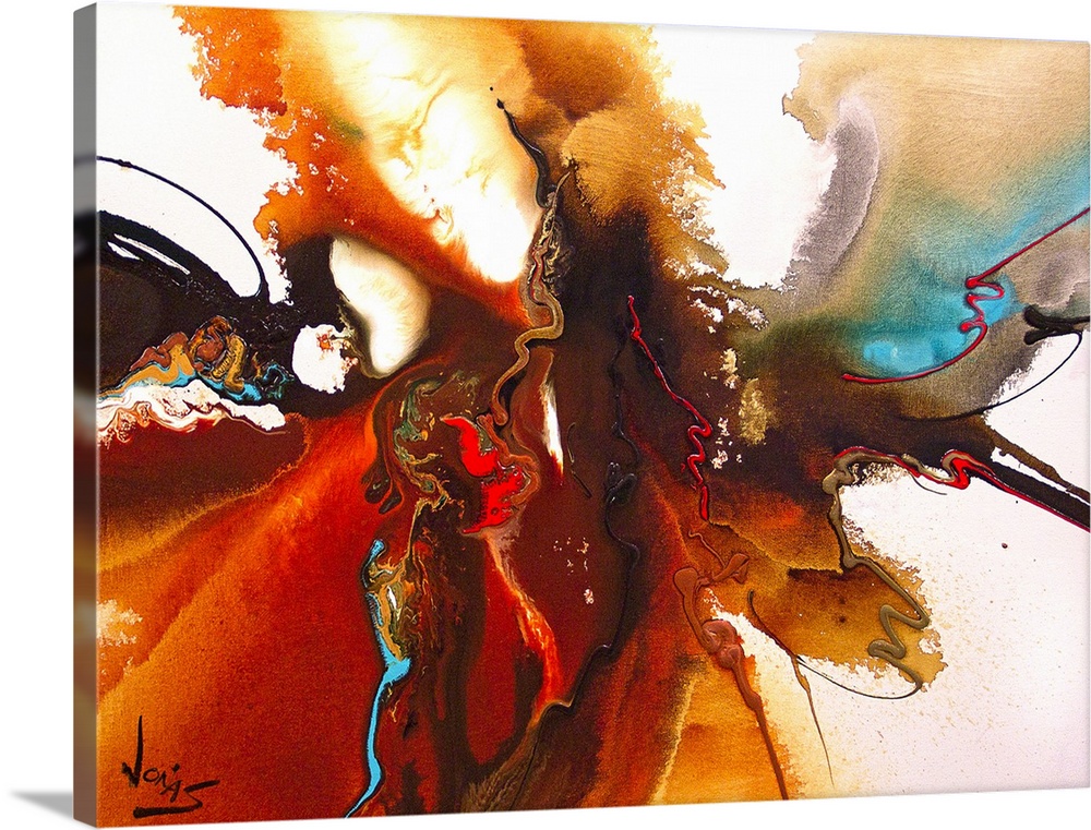 Contemporary abstract painting using warm earthy tones with splashes of cool tones converging toward the center of the ima...