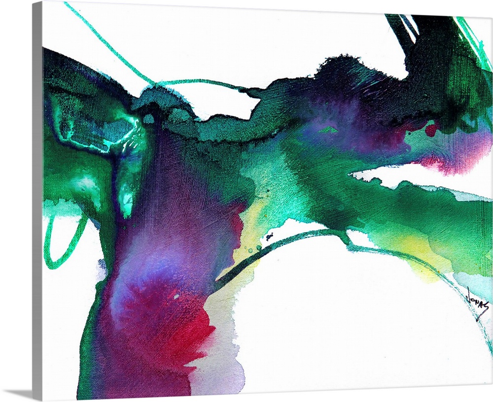 Contemporary abstract painting with splashes of bold emerald color on a plain background, full of motion.