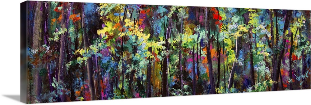 A contemporary painting of a forest using a wide gamut of neon colors.