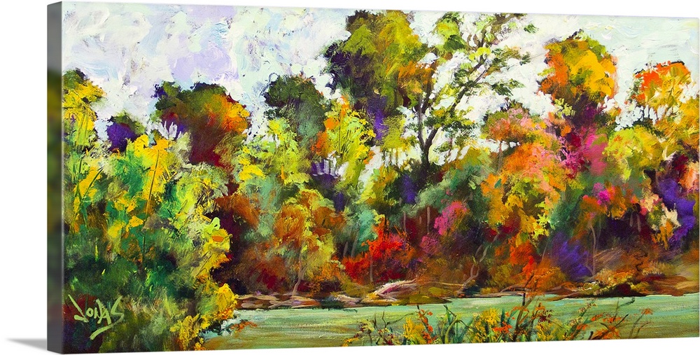 Contemporary painting of a scenic view of a forest in mid color change from the seasons changing.