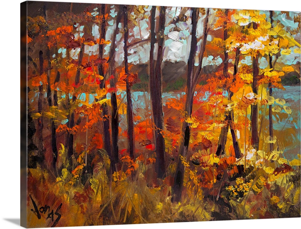 Large, horizontal painting of fall colored trees creating a wall in front of a lake in the background.  Painted with short...