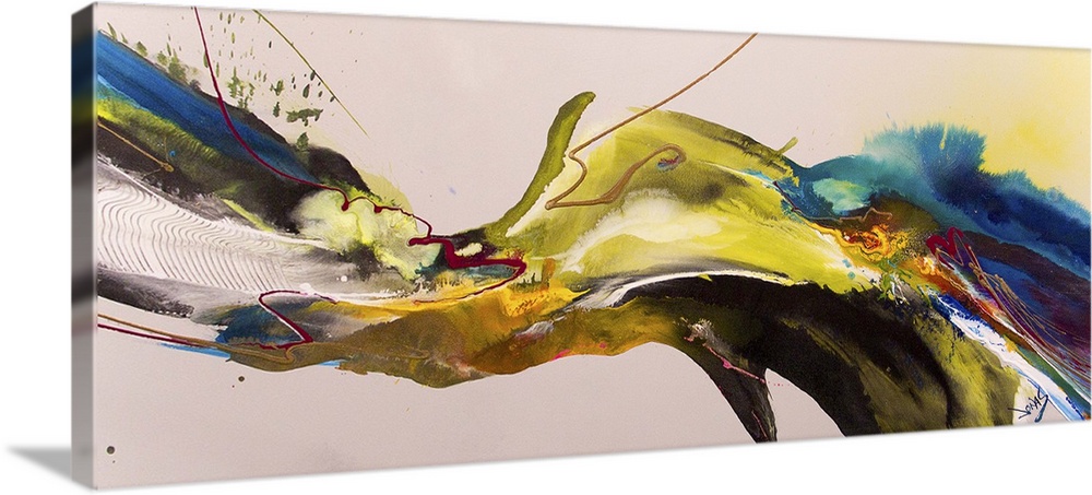 Contemporary abstract painting using vibrant colors converging toward the center of the image in a fluid motion.