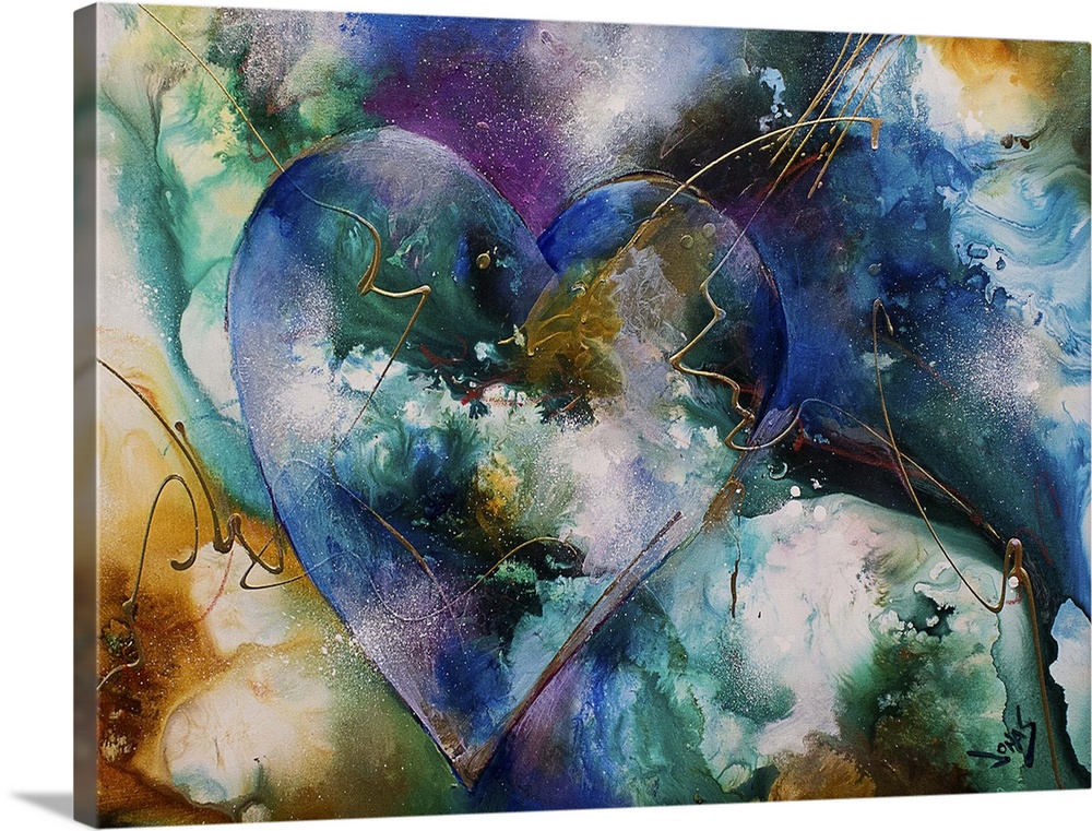 A contemporary abstract painting using a wide range of blue and green tones with a gold outline of a golden heart.