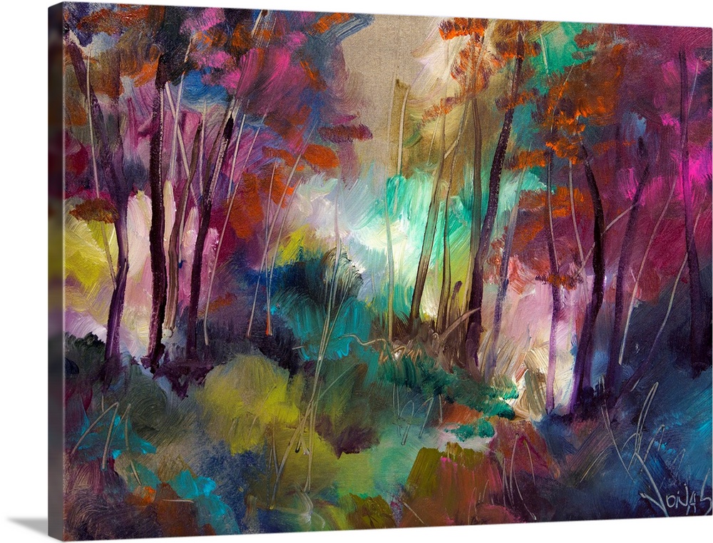 Abstract painting of a forest on canvas with various bright colors.