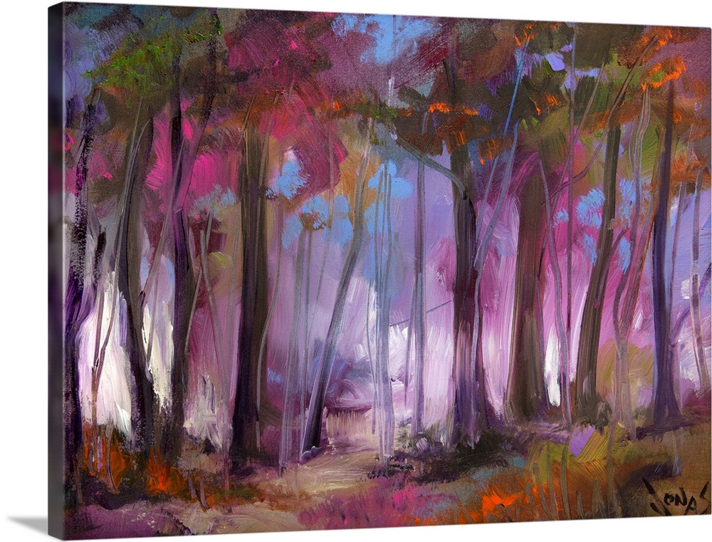 A contemporary painting of a dark forest that has a purple hue over it.