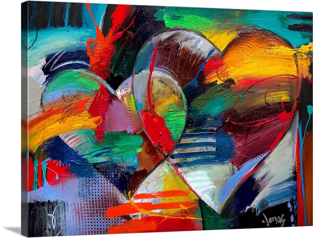 Colorful abstract painting of two linking hearts.