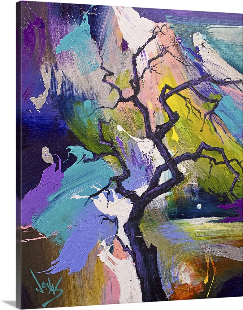Contemporary abstract painting of a dark tree with gnarled branches against a colorful background.
