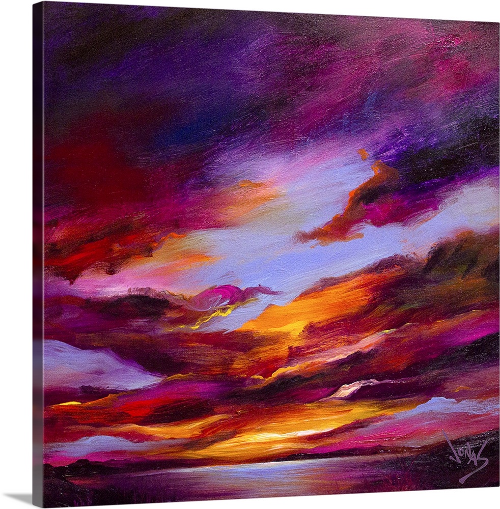 Contemporary painting of a sunset sky in purple and orange tones over the water.