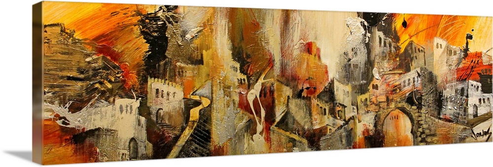 Horizontal, abstract painting on a large wall hanging of a variety of Mediterranean buildings and structures, collaged tog...