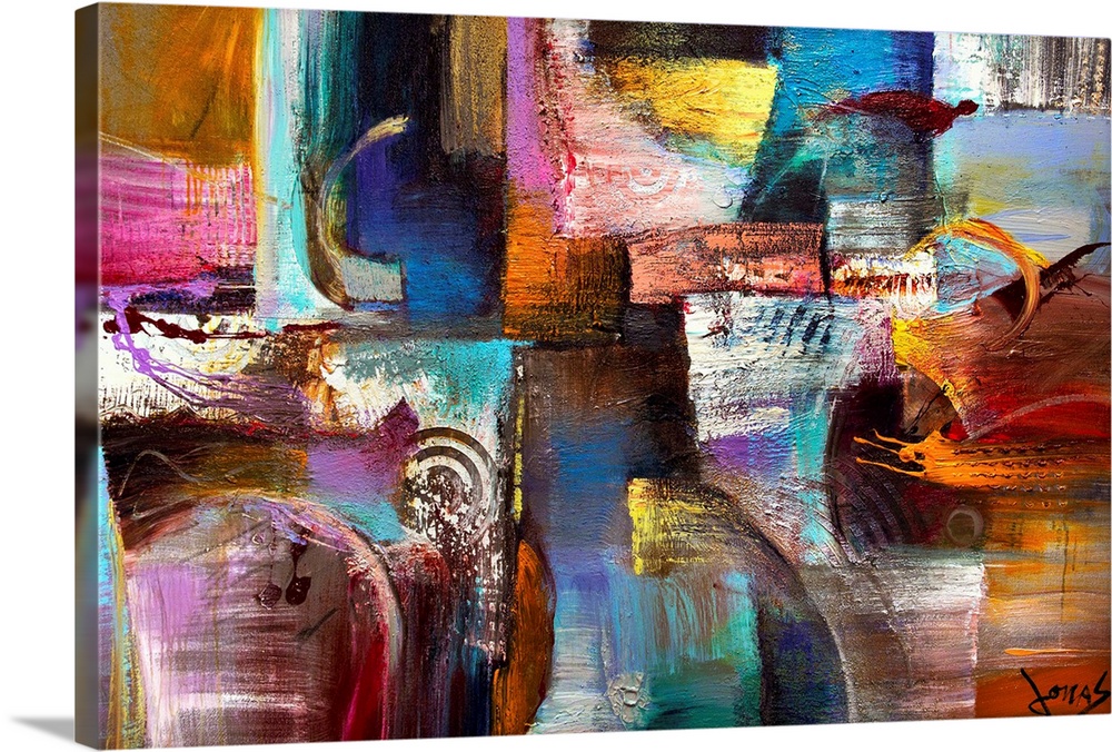Large abstract painting of different patches of color with grungy paint texture.