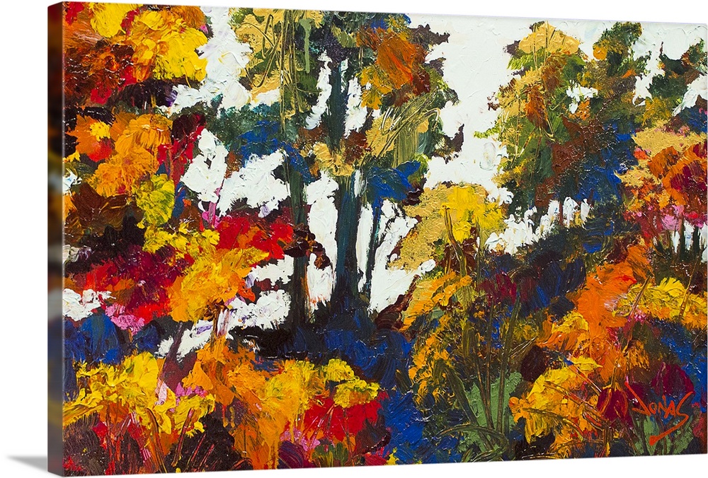 Contemporary painting of a forest in autumn foliage.