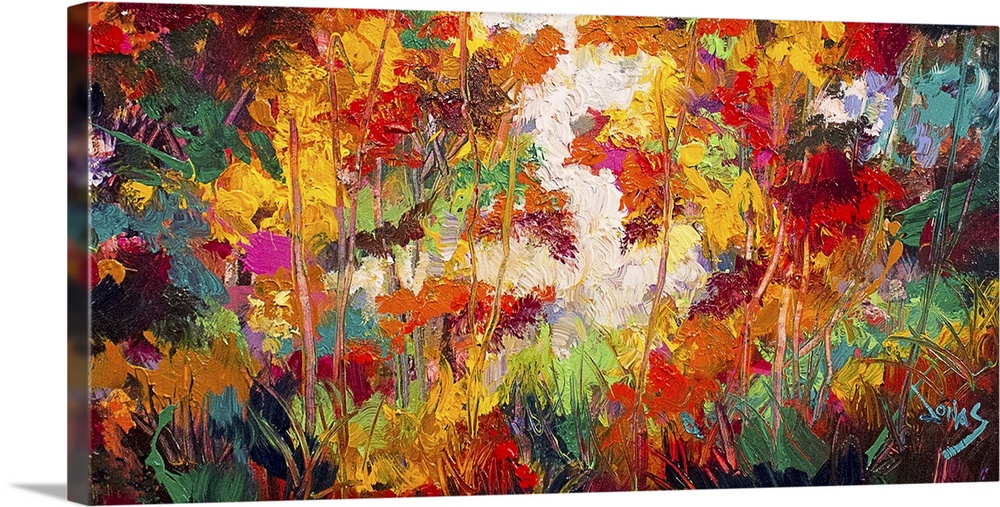 Contemporary abstract painting using a wide spectrum of color and texture resembling a forest.