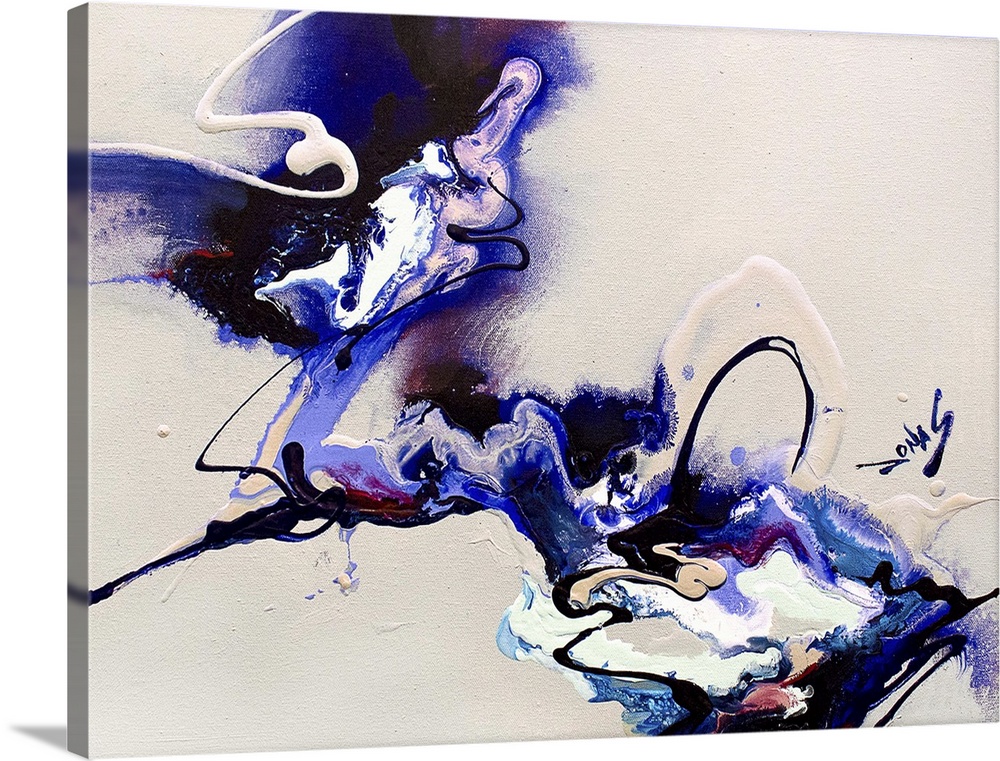 A contemporary abstract painting of a converging of deep purple and blue tones against a neutral background.