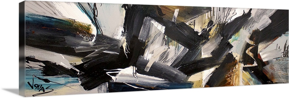 A contemporary abstract painting using bold black segmented strokes against a neutral toned background.