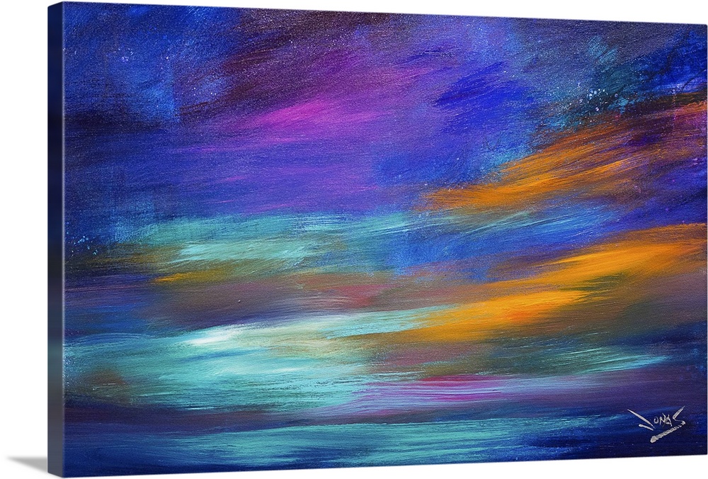 Contemporary colorful abstract painting using a broad spectrum of dark cool colors.
