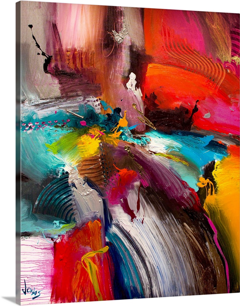 Huge abstract art incorporates oddly sized patches of vibrant colors with harsh brush strokes.  Artist includes a couple v...