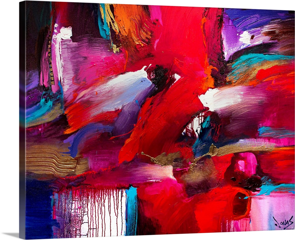 Contemporary abstract painting with various brush strokes of color oriented in several directions with areas of dripping p...