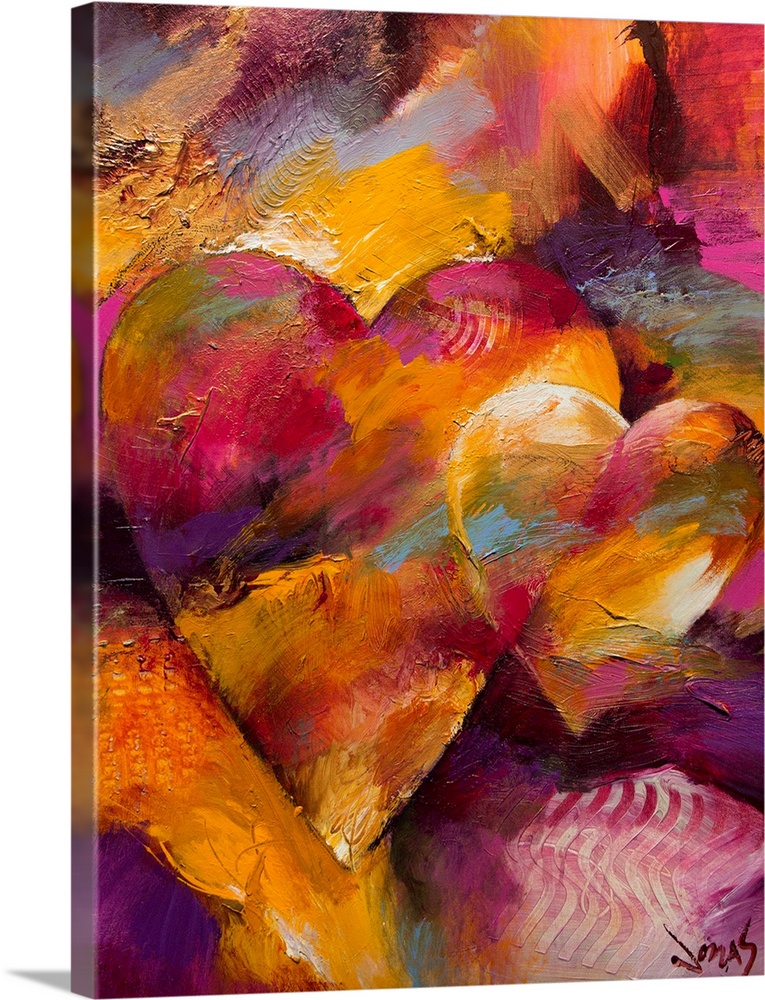 Tall abstract painting of two hearts drawn next to each other with various bright patches of color.