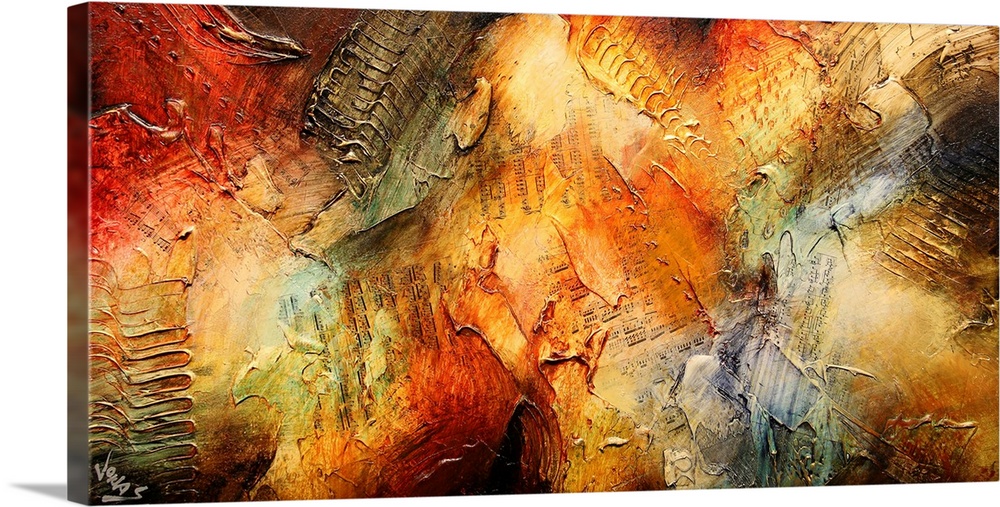 Abstract painting of broad warm toned strokes layered over top of each other making raised textures in certain areas.