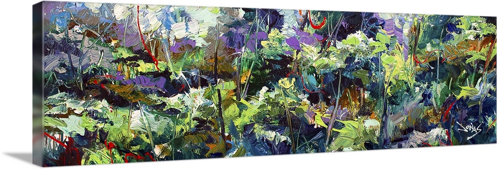 A contemporary abstract painting of a forest scene in vibrant green and purple tones.