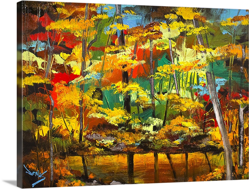 A contemporary painting of a forest scene using vibrant colors of autumn.