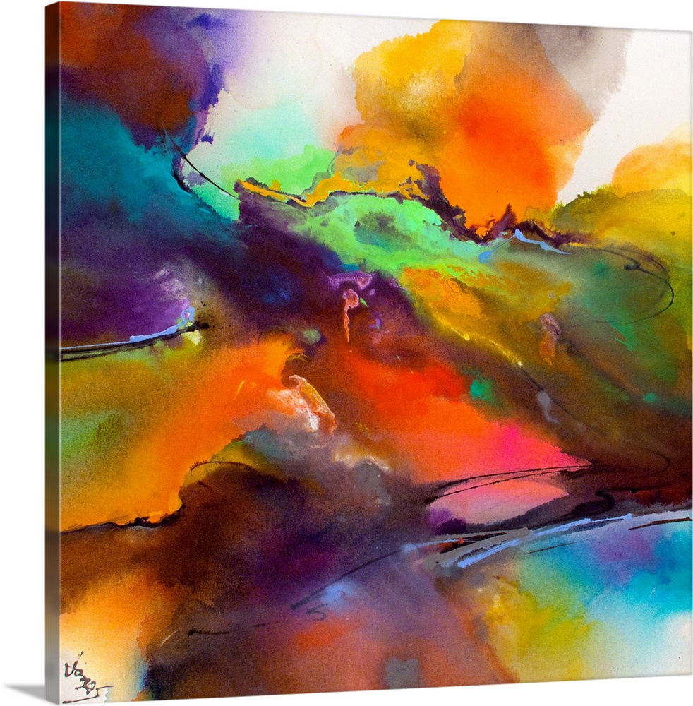 In this modern abstract painting colors splash and mix together in a combination of bright and cooling tones.