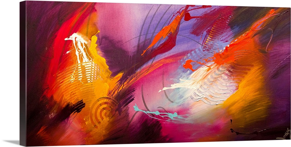 An abstract piece of artwork that uses various colors of paint in dance like motions.