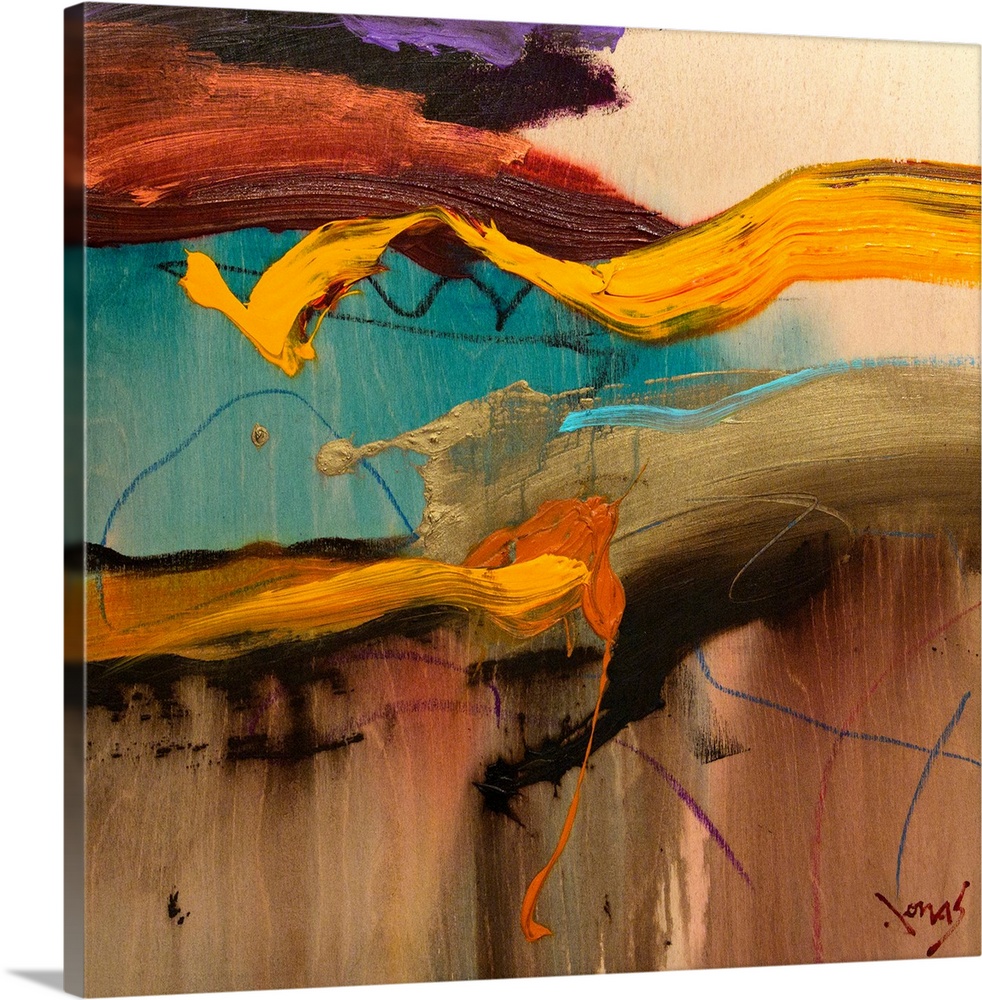 Abstract artwork that smears different colors of paint in a horizontal direction toward the top of the print.