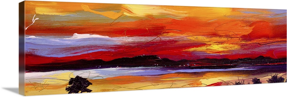 Contemporary painting of a landscape under a vibrant warm sunset.