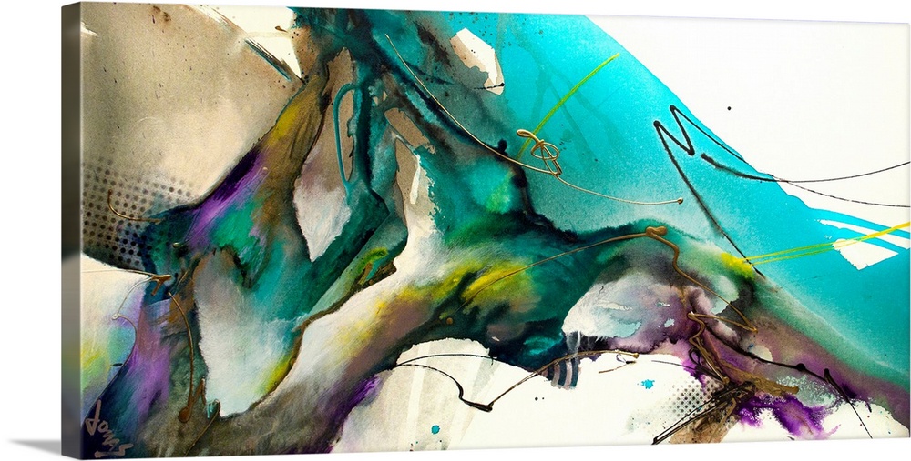 Contemporary artwork of abstract bright colors, including teal hues against an off-white background.