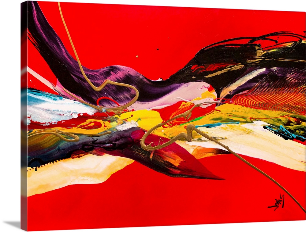 A contemporary abstract painting of a fluid motion of color and texture against a red background.