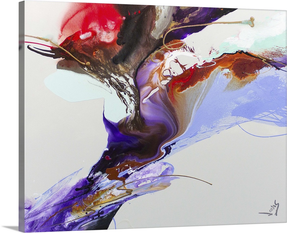 A contemporary abstract painting using purple and red tones in motion of fluidity against a light gray background.
