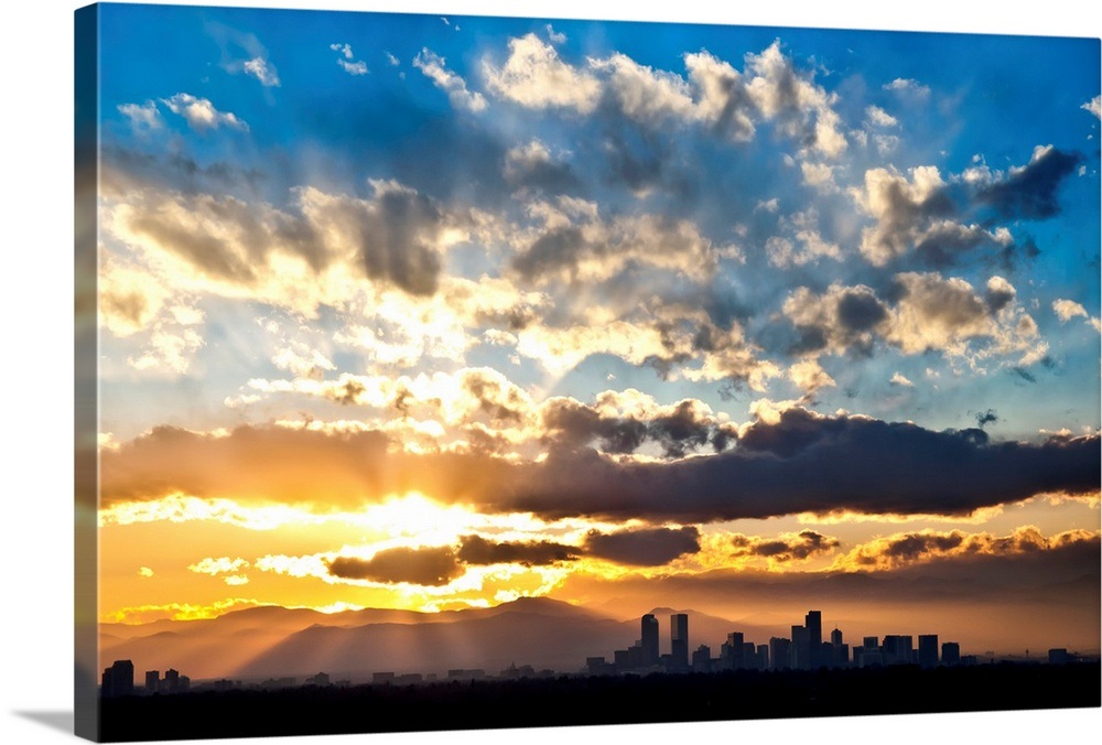 Sun Bursts over Denver during Sunset; Denver, Colorado Wall Art, Canvas