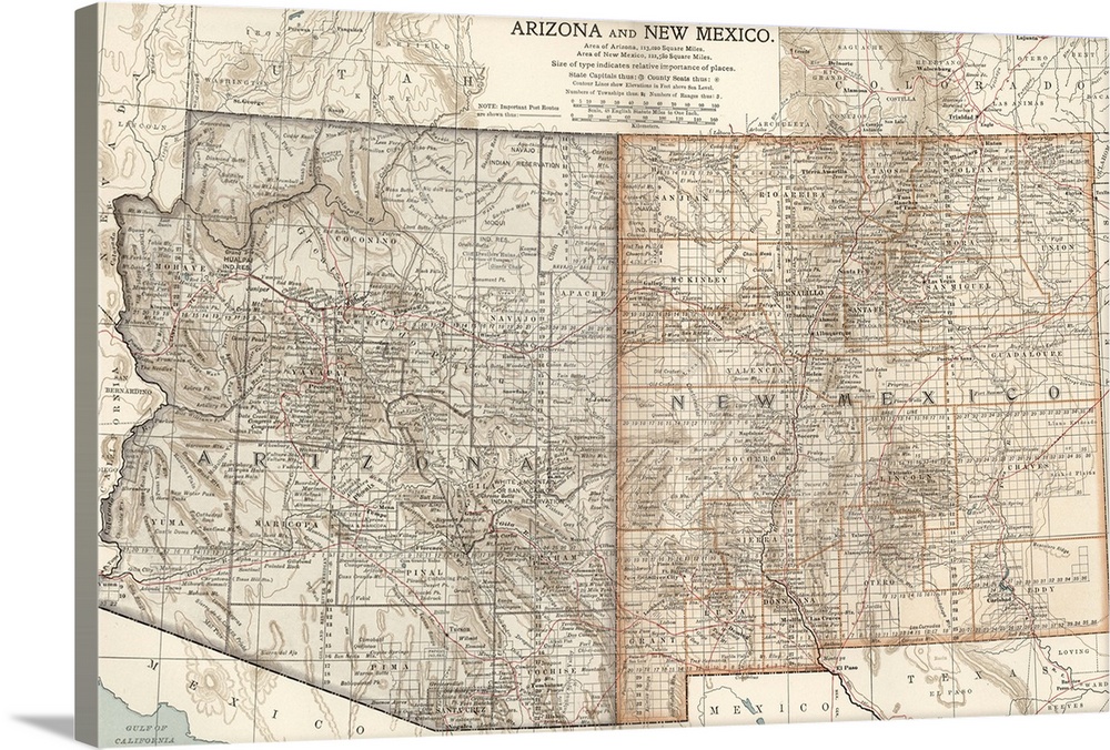 Arizona and New Mexico - Vintage Map