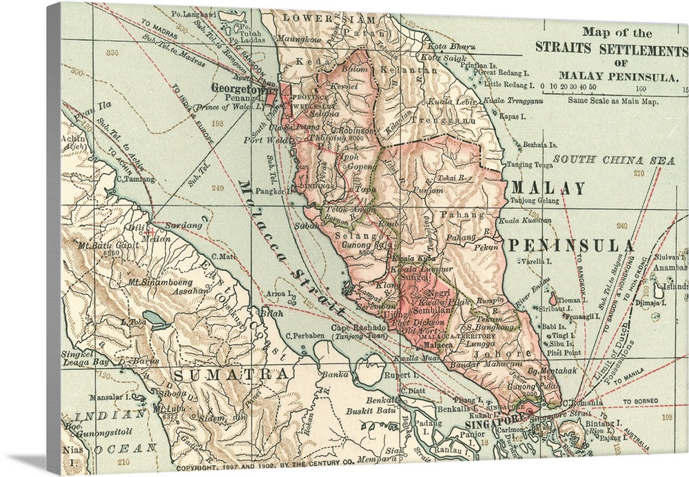 Straits Settlements of Malay Peninsula - Vintage Map