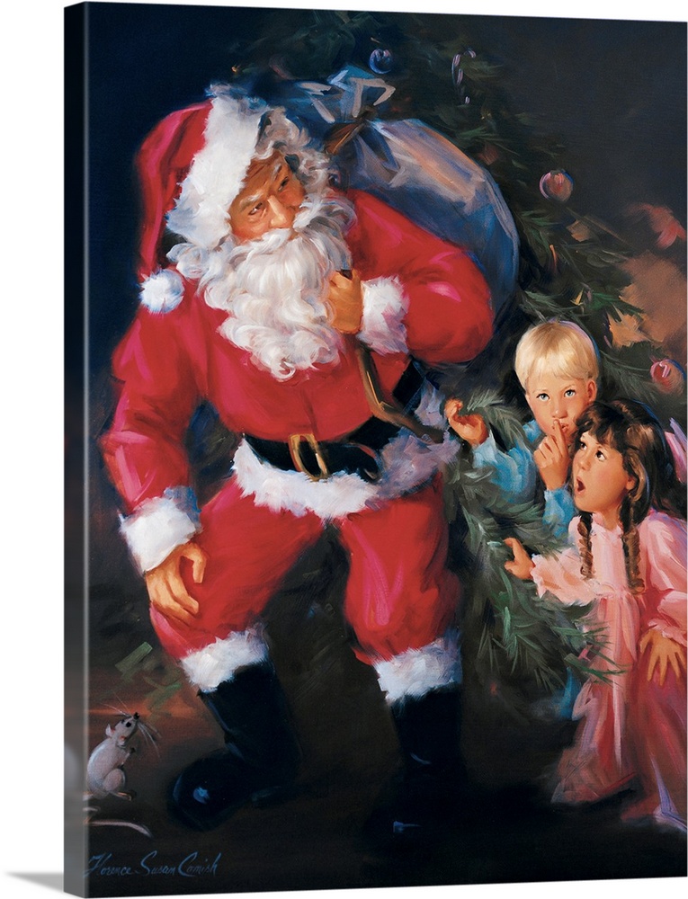 Painting of Santa Claus delivering toys to two surprised children.